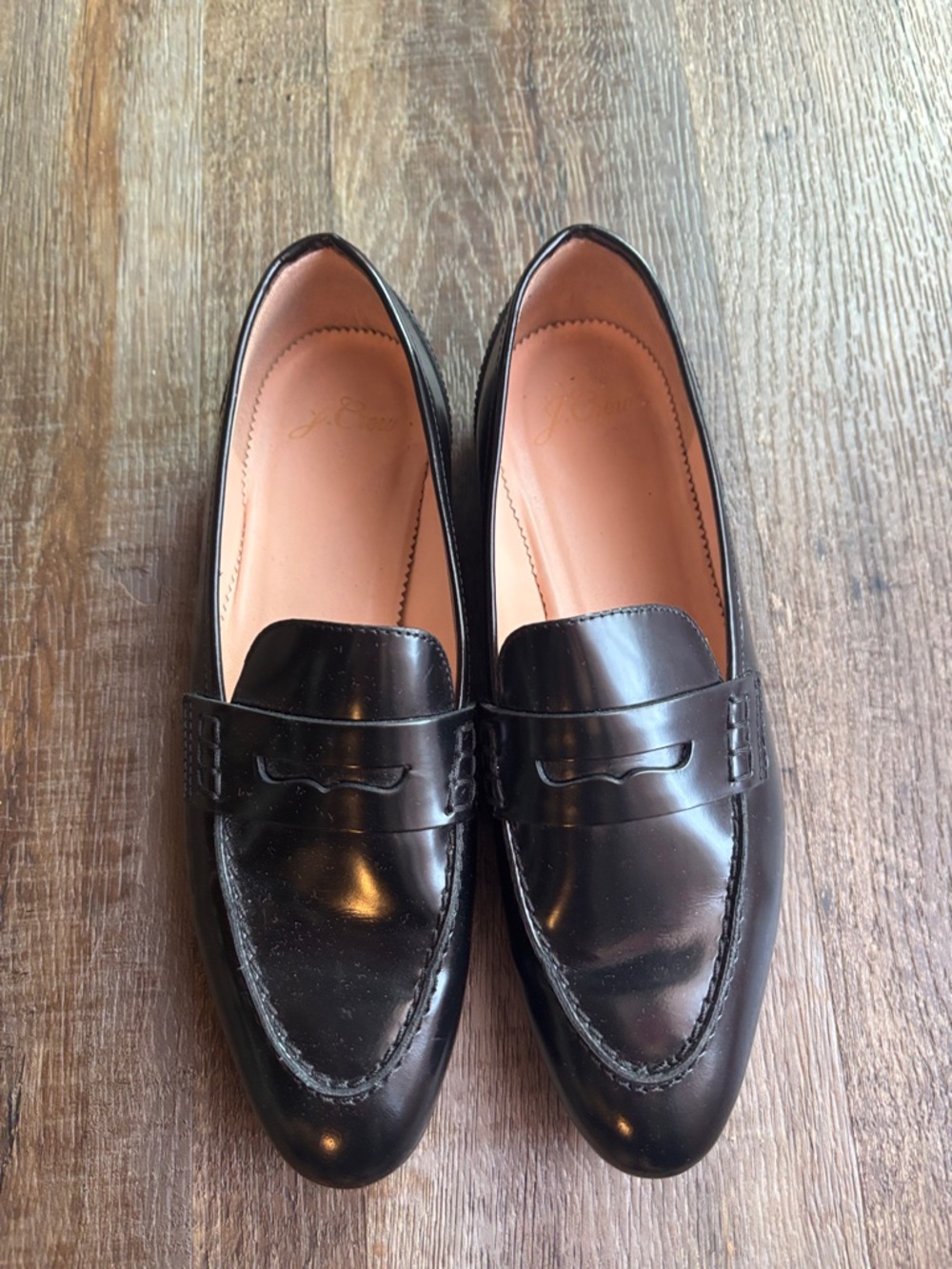 J. Crew Black Patent Penny Loafers with Pink Lining